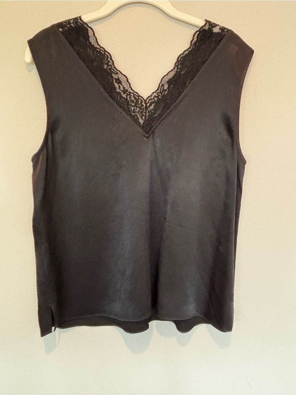 Black Lace Trim V-Neck Sleeveless Satin Tank - Picture 3 of 3